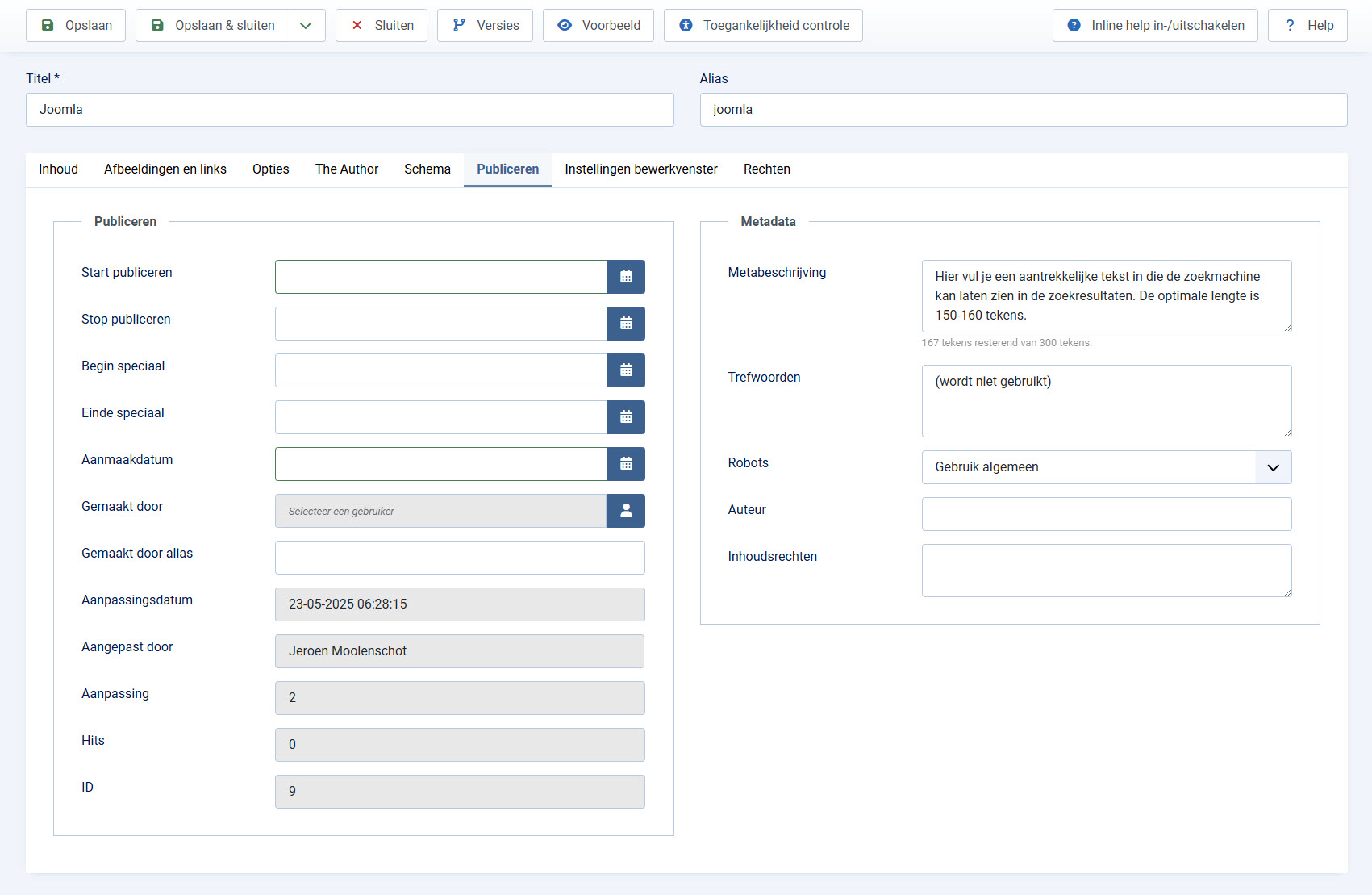 metabeschrijving toevoegen in Joomla