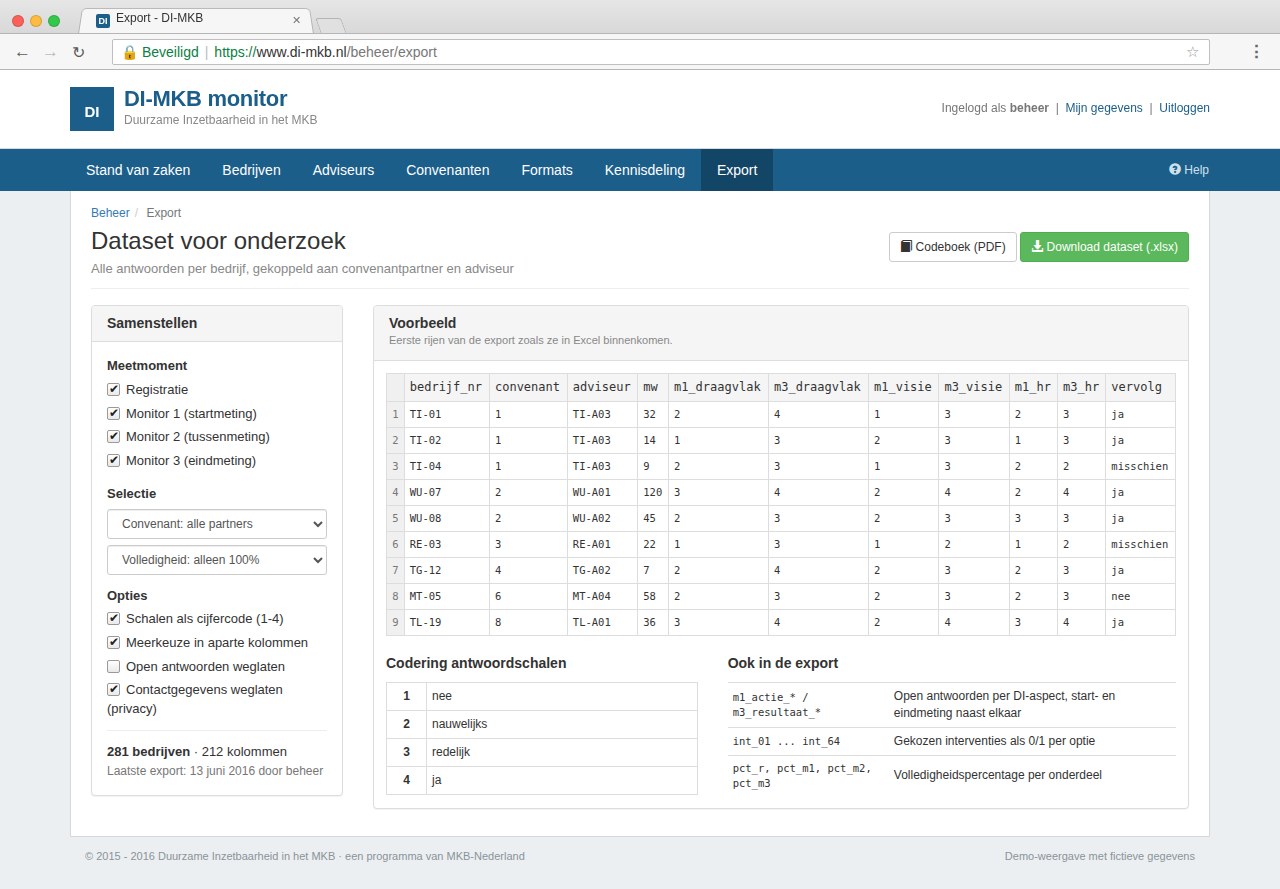 Exportscherm van de DI-MKB monitor met een voorbeeld van de onderzoeksdataset en de codering van de antwoordschalen