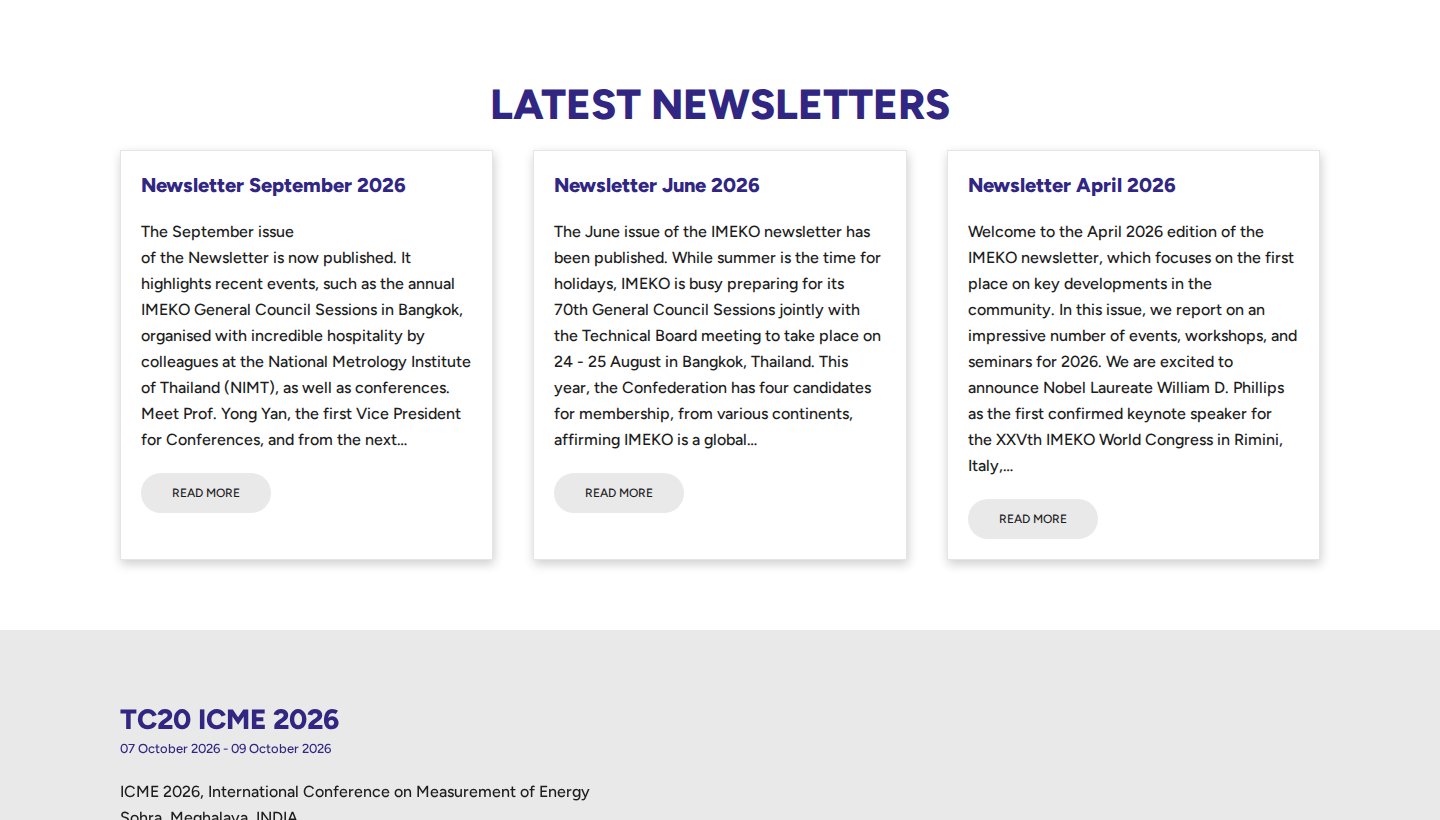 Blok Latest newsletters op de homepage van IMEKO met de nieuwsbrieven van september, juni en april 2026