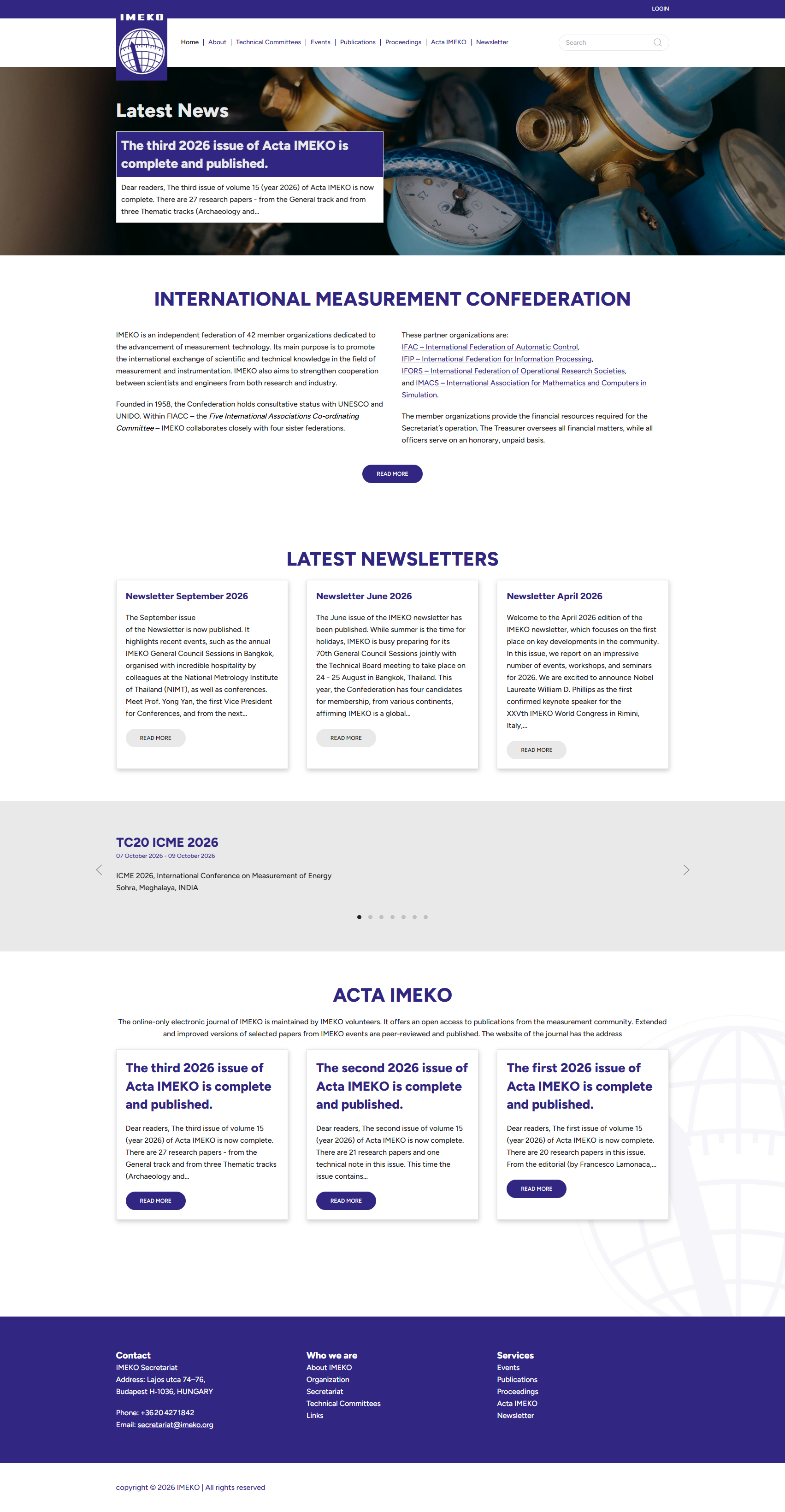 Homepage van IMEKO met het laatste nieuws over Acta IMEKO en het hoofdmenu met Technical Committees, Events, Proceedings en Newsletter